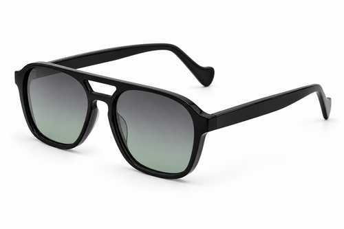 SET 02 — Monday sunglasses in Black with gradient green lenses, three-quarter view