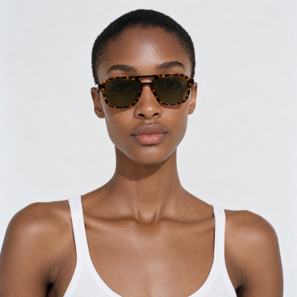 SET 02 — Monday sunglasses in Tortoiseshell with green lenses, worn by a model, front