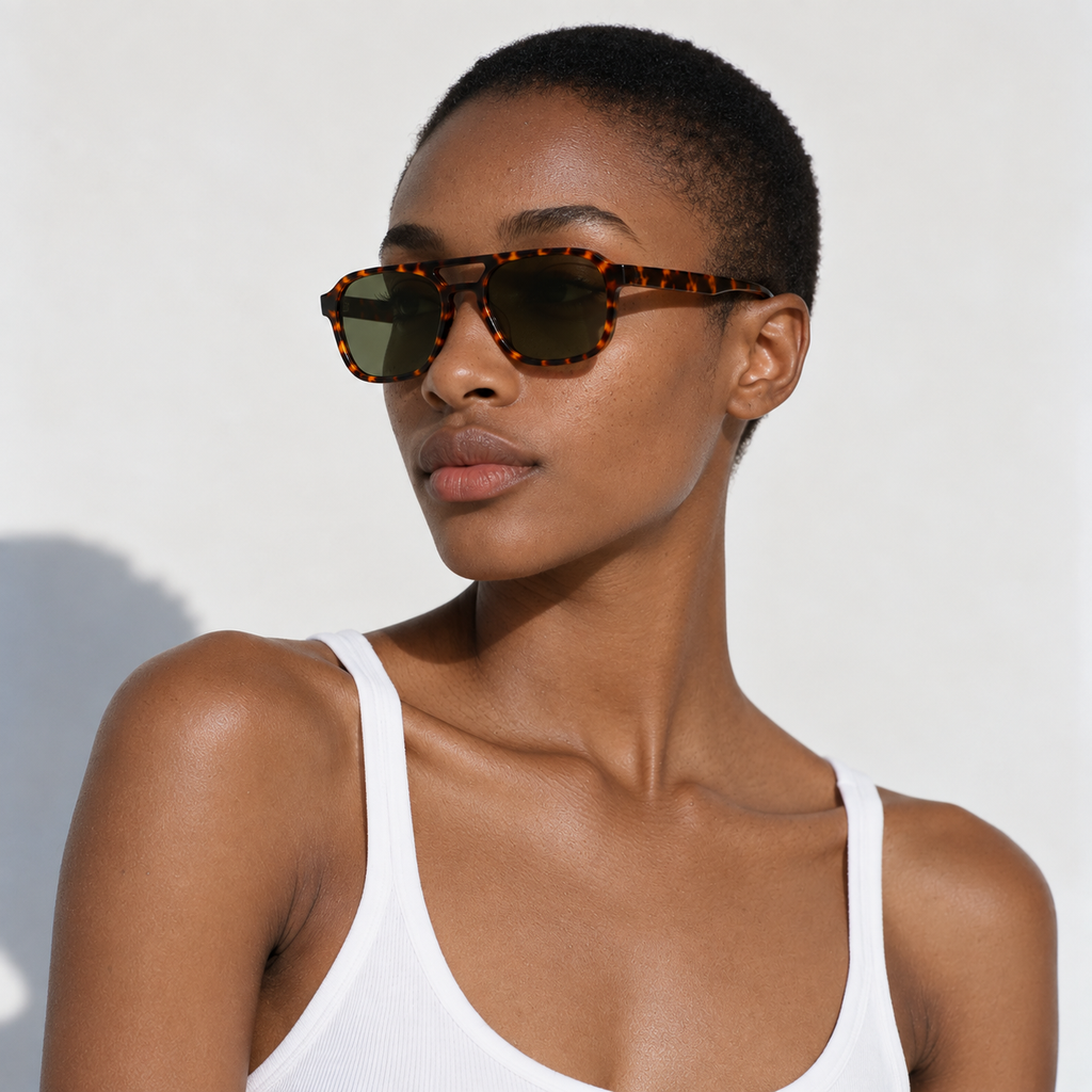 SET 02 — Monday sunglasses in Tortoiseshell with green lenses, worn by a model, three-quarter
